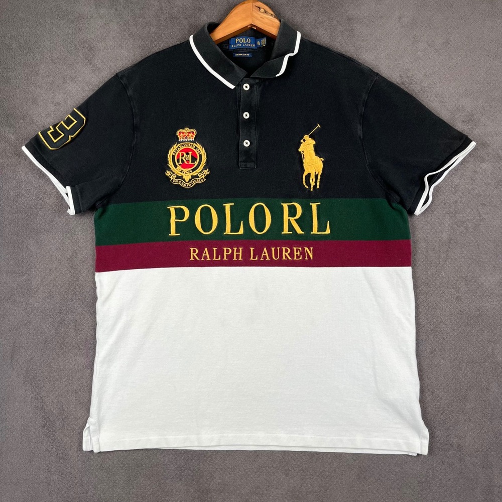 Polo Ralph Lauren Polo Shirt Mens XL Black Colorblock Big Pony Custom Slim Fit